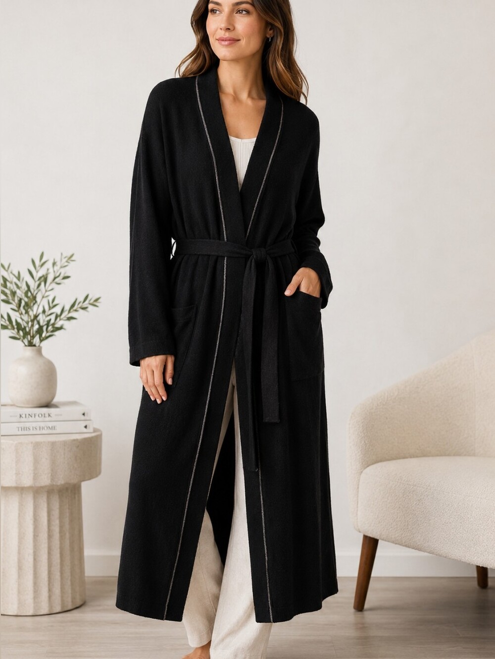 Majestic International Blended Cashmere Kimono Robe Black L/XL NWT